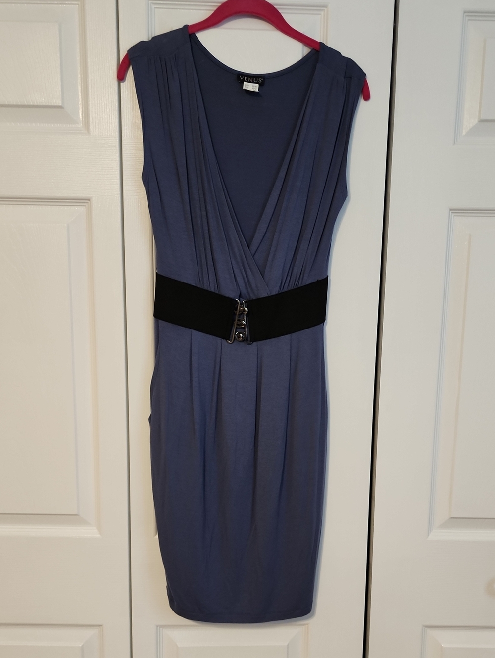 VENUS Slate Blue V-Neck Midi Dress with Black Elastic Waistband